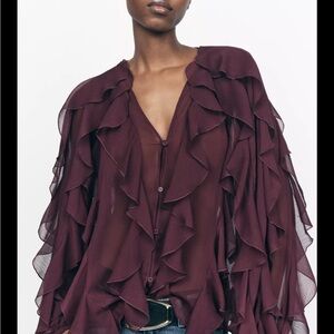 Zara Deep Burgundy Ruffle Blouse